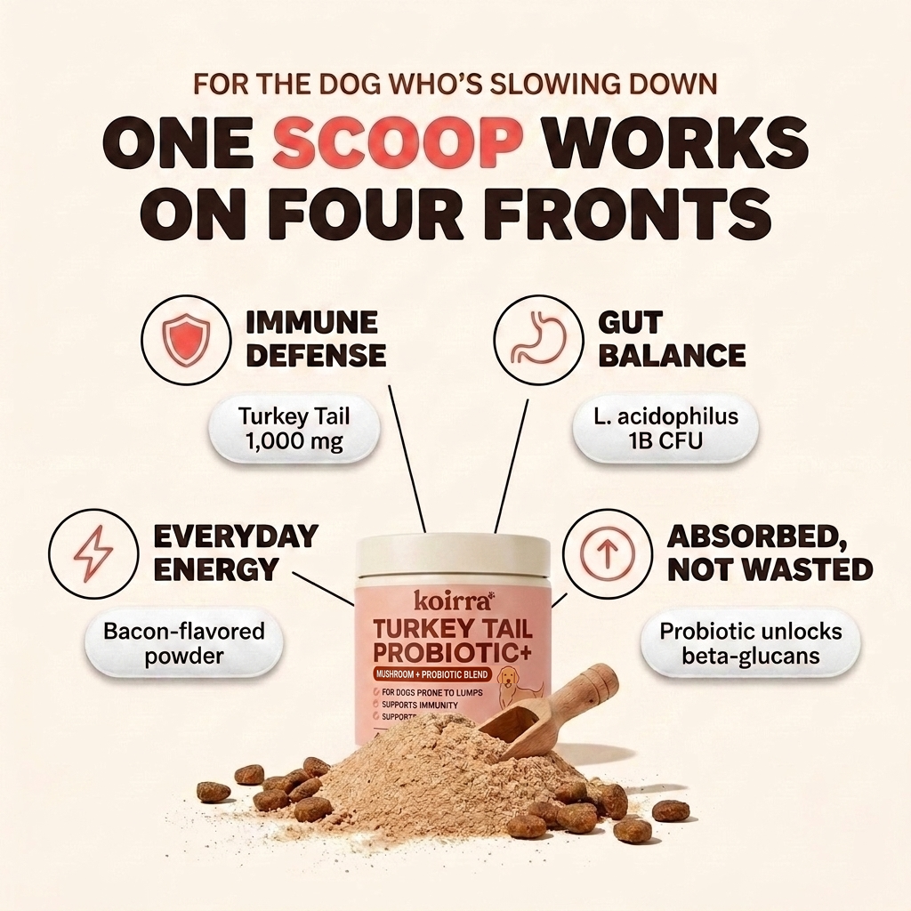 KOIRRA Turkey Tail Probiotic+ infographic: one scoop supports immune defense, gut balance and everyday energy for senior dogs slowing down