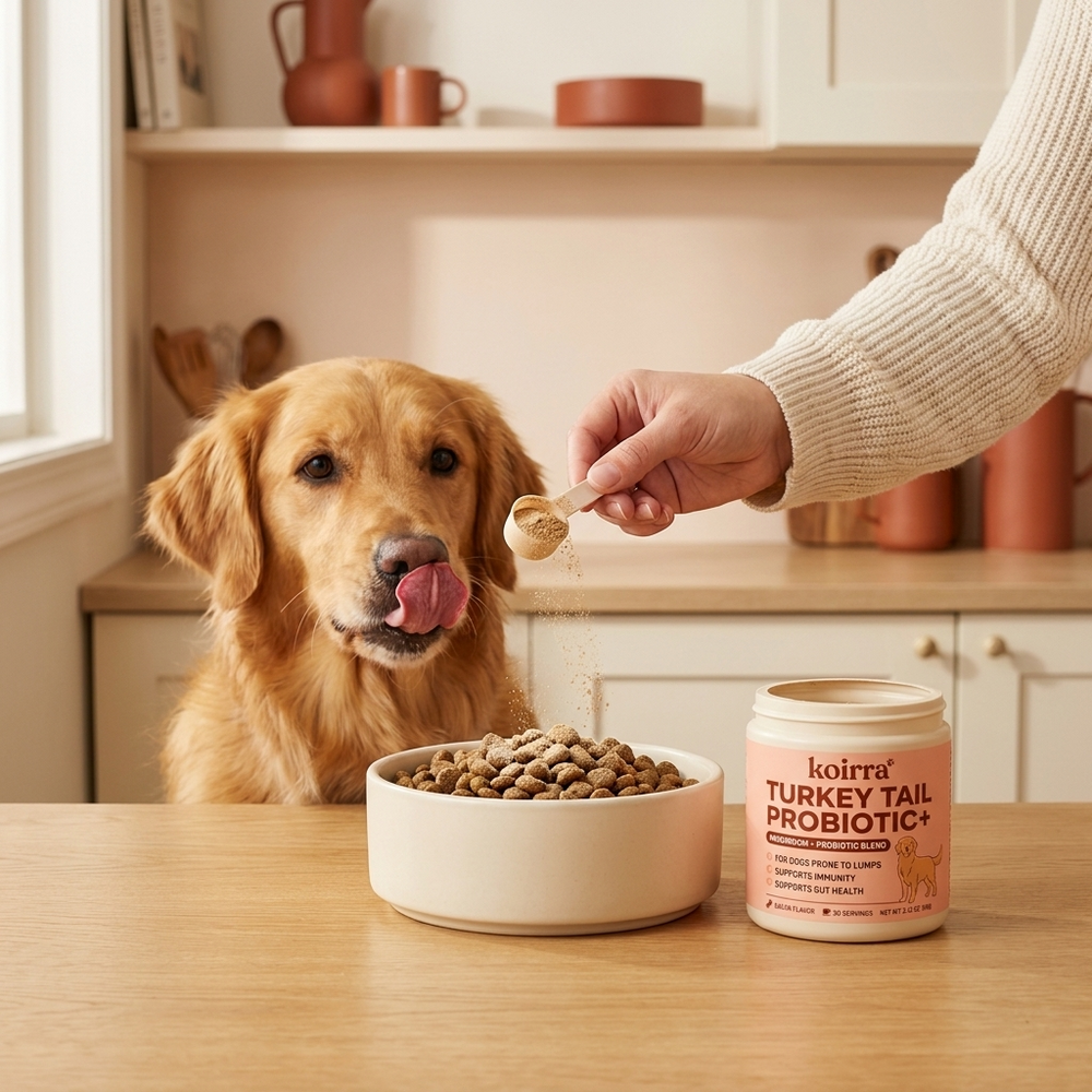 A scoop of KOIRRA Turkey Tail Probiotic+ poured over a dog's breakfast