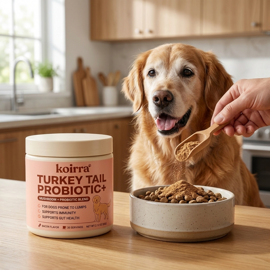 KOIRRA powder poured over a dog's food bowl