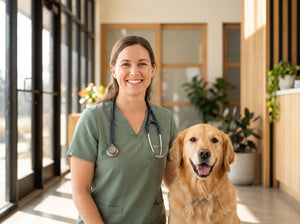 Veterinarian with golden retriever