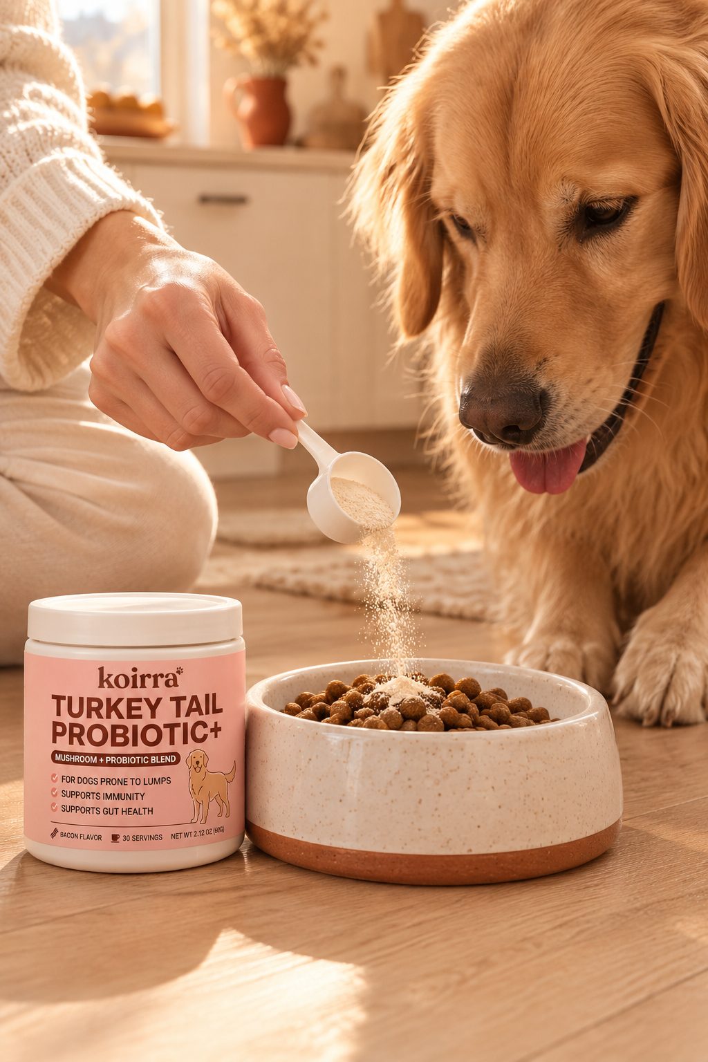 A scoop of KOIRRA powder over a breakfast bowl while a golden retriever leans in