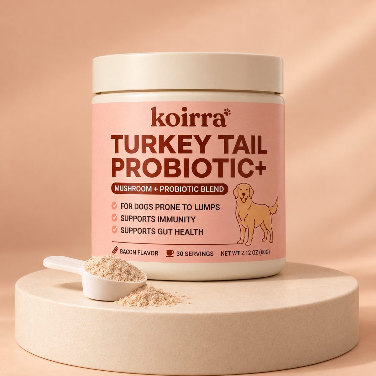 A jar of KOIRRA Turkey Tail Probiotic+ bacon flavored powder